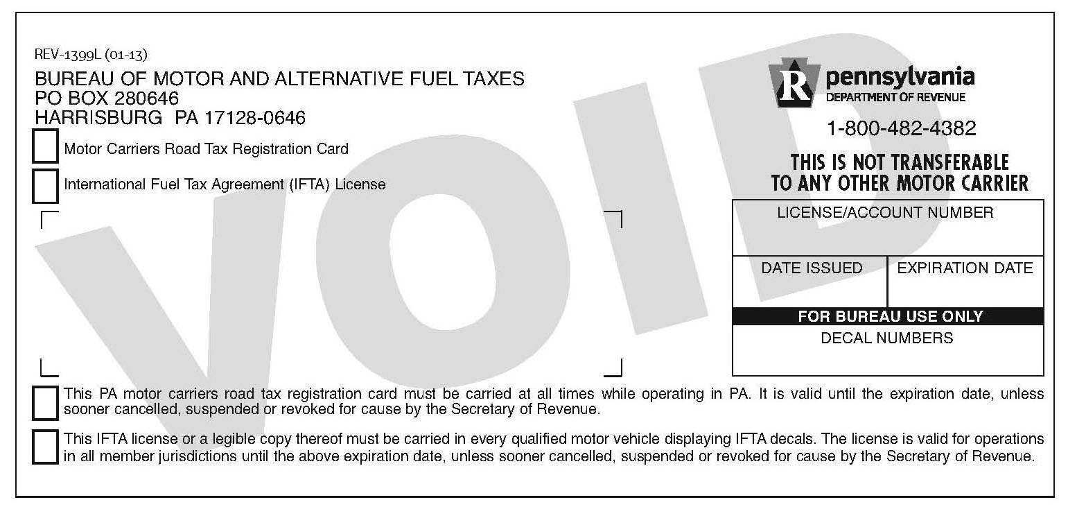 Sample: IFTA License and MCRT Registration Card (REV-1399)